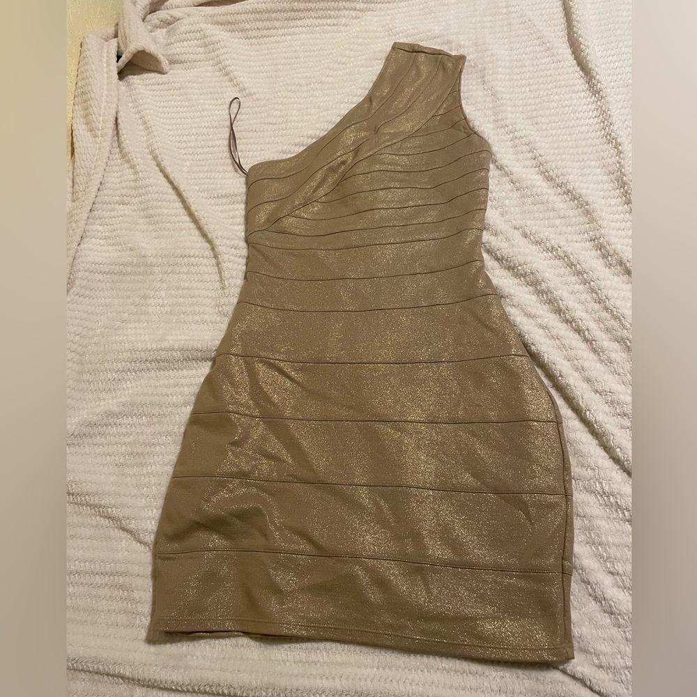 Express One-Shoulder Gold Dress
